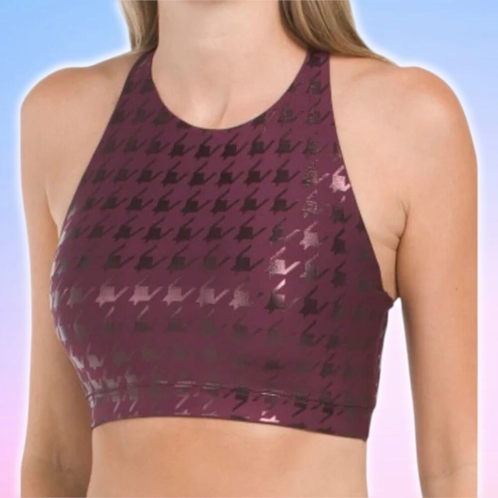 NWT PELOTON Show Up Foil Houndstooth High Neck Bra Sz XS Plum - Picture 1 of 7